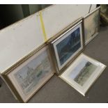 Four original large paintings comprising a pen and ink of a church, Venetian watercolour and two