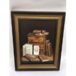An oil on canvas still life painting by John Harrad, depicting antique books stacked on a desk,