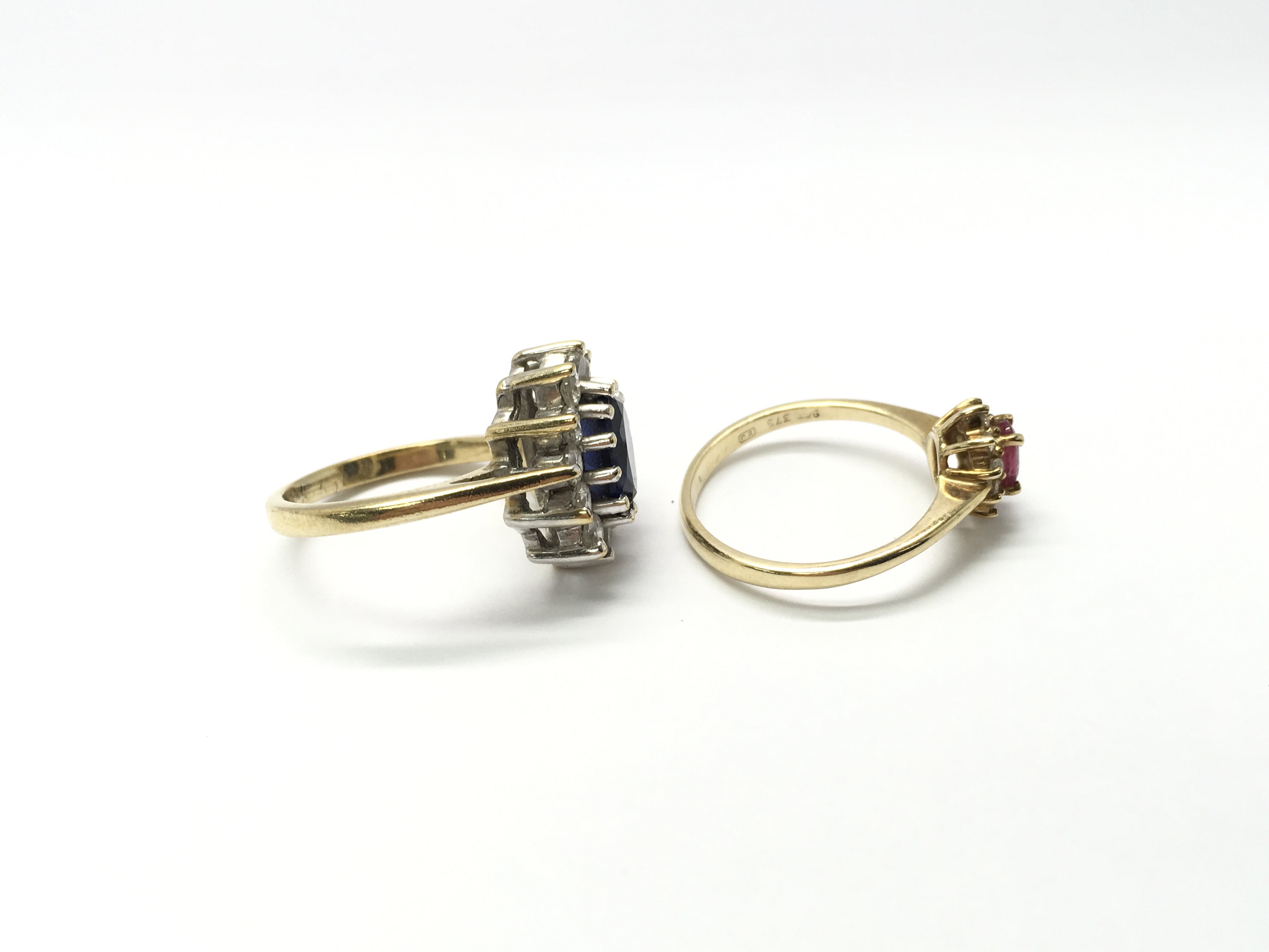 Two ladies 9ct gold and stone set rings, one with a central red stone surrounded by white stones and - Image 2 of 2