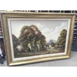 A large, oil on canvas painting of a village scene, signed John Hooley.Approx 69x94cm - NO RESERVE
