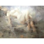 A large framed modern study of a nude female figure on canvas, in pastel tones. Frame measures