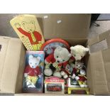 A box of Rupert collectibles including soft toys and boxed die cast cars