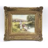 A framed English porcelain wall plaque hand-painted by Milwyn Holloway, depicting two
