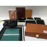 A collection of English leather goods including a Swaine Adeney trinket box passport holder small