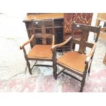 An oak refectory table of rectangular shape and a set of six chairs with carved top rails