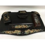 A Chinese desk set decorated with dragons comprising blotter pen tray and inkwell together with a