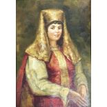 A framed oil on canvas portrait of a Middle Eastern female in red, gold and white attire. The