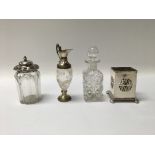 A William IV glass mustard pot with a silver lid, a silver plated stand with a small glass bottle