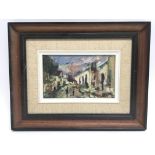 An abstract framed oil on canvas depicting a Mediterranean street scene. Frame measures approx