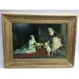 A Victorian style oil on board painting depicting a toddler with his mother and nursemaid.Approx