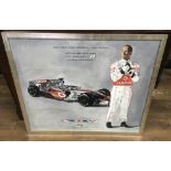 An original oil on board painting of Lewis Hamilton by Martin House, labelled to reverse.Approx