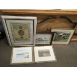 Five watercolour paintings and two prints including a hot air balloon print