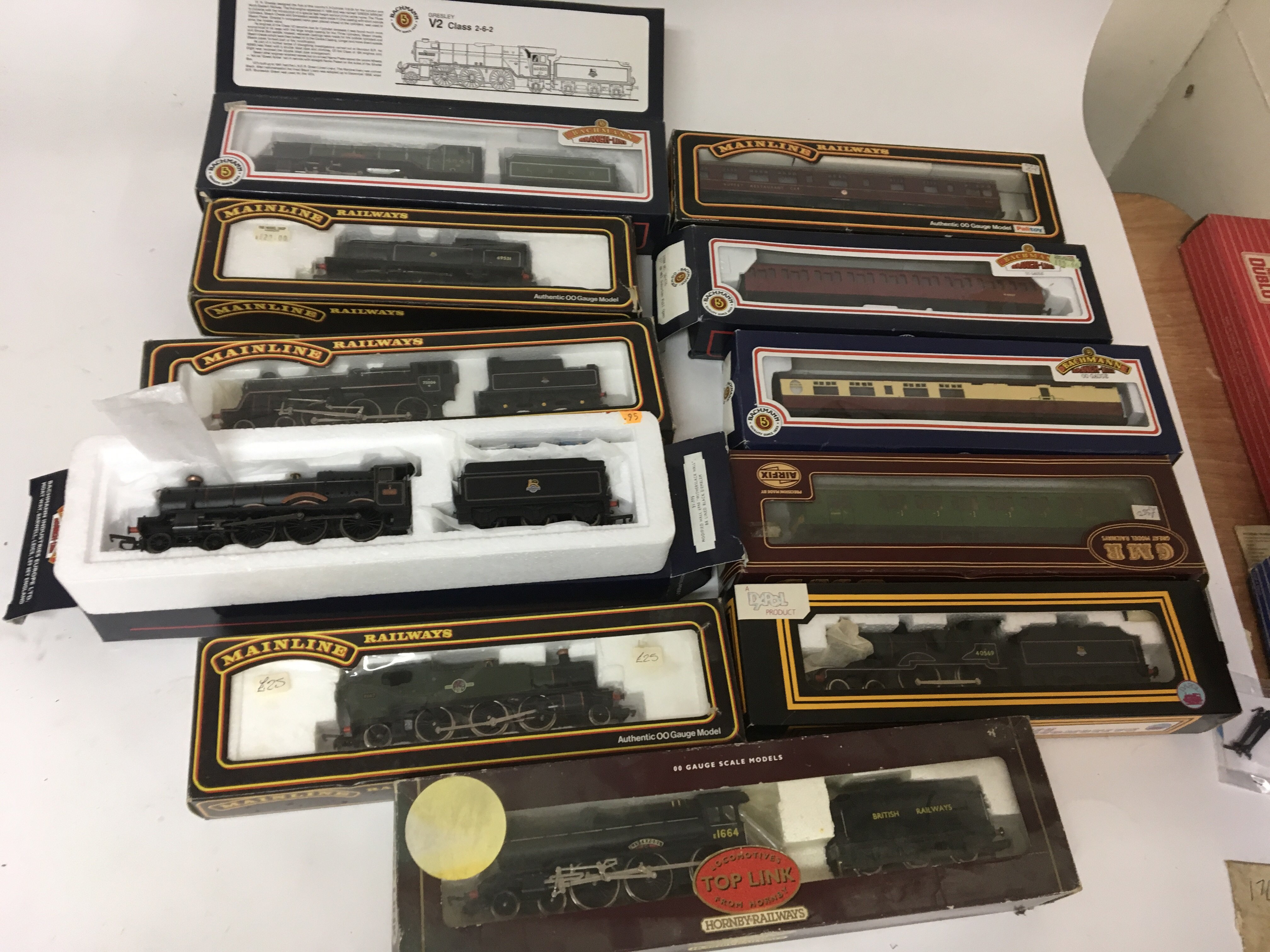 Included are 7 oo gauge locomotives and 4 boxed coaches.