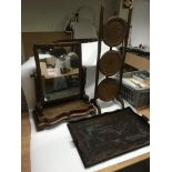 A mahogany dressing table mirror, cake stand and a tray (3).