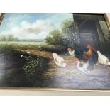 A gilt Frame oil on board depicting chickens in a