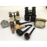 Two pairs of binoculars, four pipes and two vintag