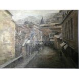 A framed oil on canvas of a European street scene,