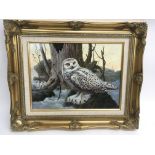 An original painting on board of a snowy owl, sign