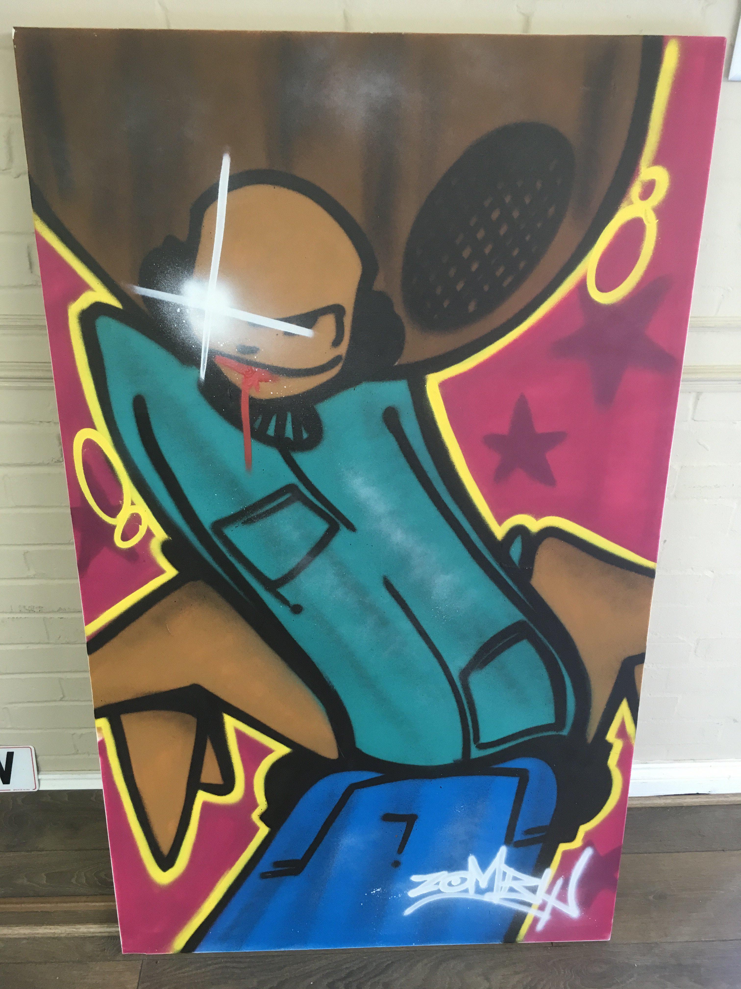 A large, street art graffiti canvas of a skater bo