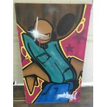 A large, street art graffiti canvas of a skater bo