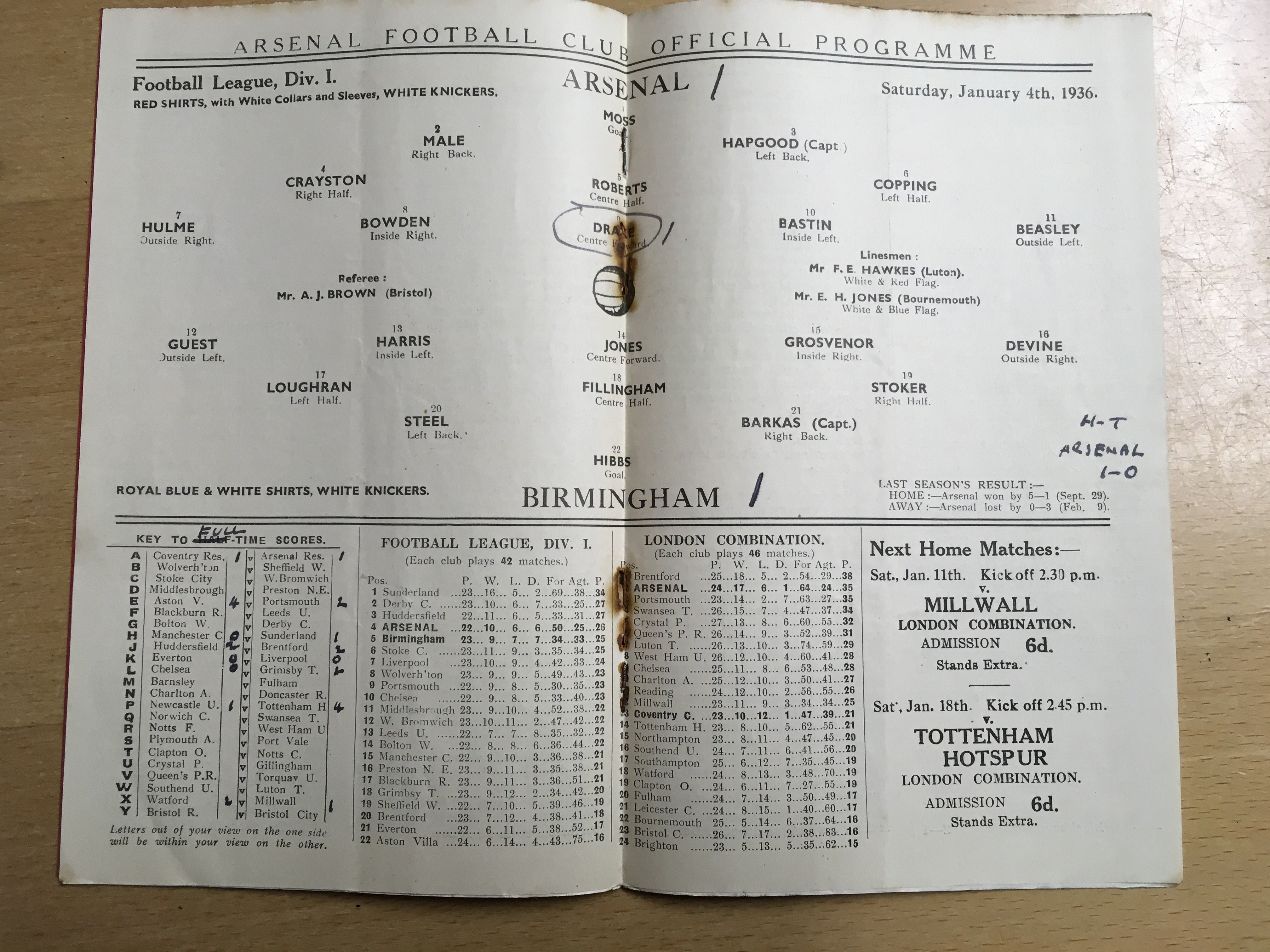 35/36 Arsenal v Birmingham City Football Programme: Dated 4 1 1936 in fair condition with writing to - Image 2 of 2