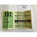 1964 Germany v Scotland Football Ticket: Very good unused ticket with counterfoil still attached.