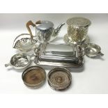 A silver plated biscuit barrel and other silver pl