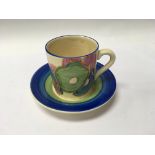 A Clarice Cliff coffee can and saucer with blue ch