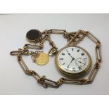 An open faced pocket gold plated pocket watch with a 9ct gold chain with attached 1900 half sovereig