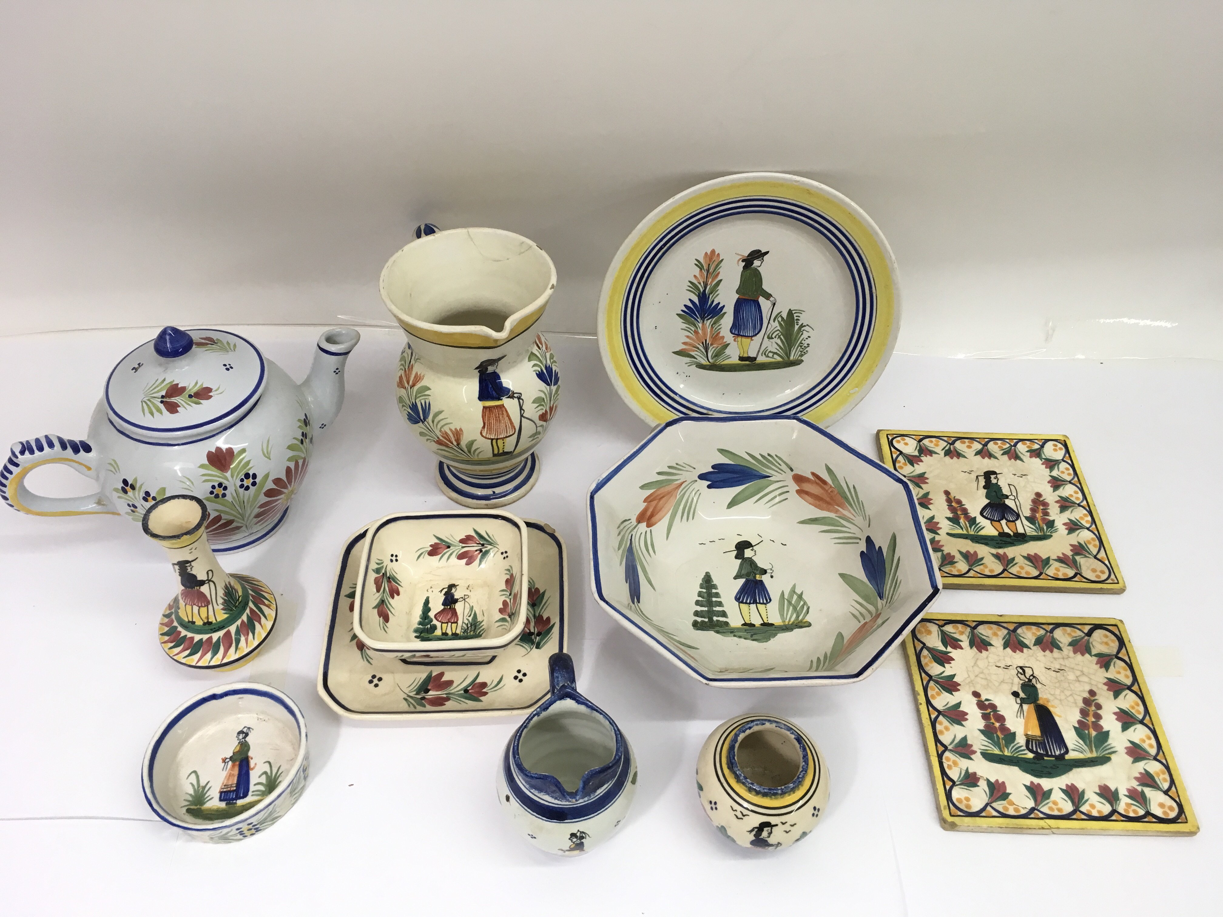 A collection of French Quimper ceramics, including