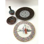 Three items of cloisonné including a plate decorat