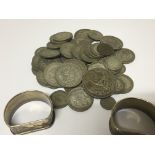 A collection of used circulated pre 1946 British Coinage and two silver napkin rings.