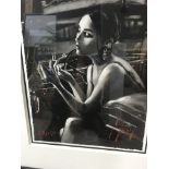 A framed mixed media Darya in car with lipstick 16