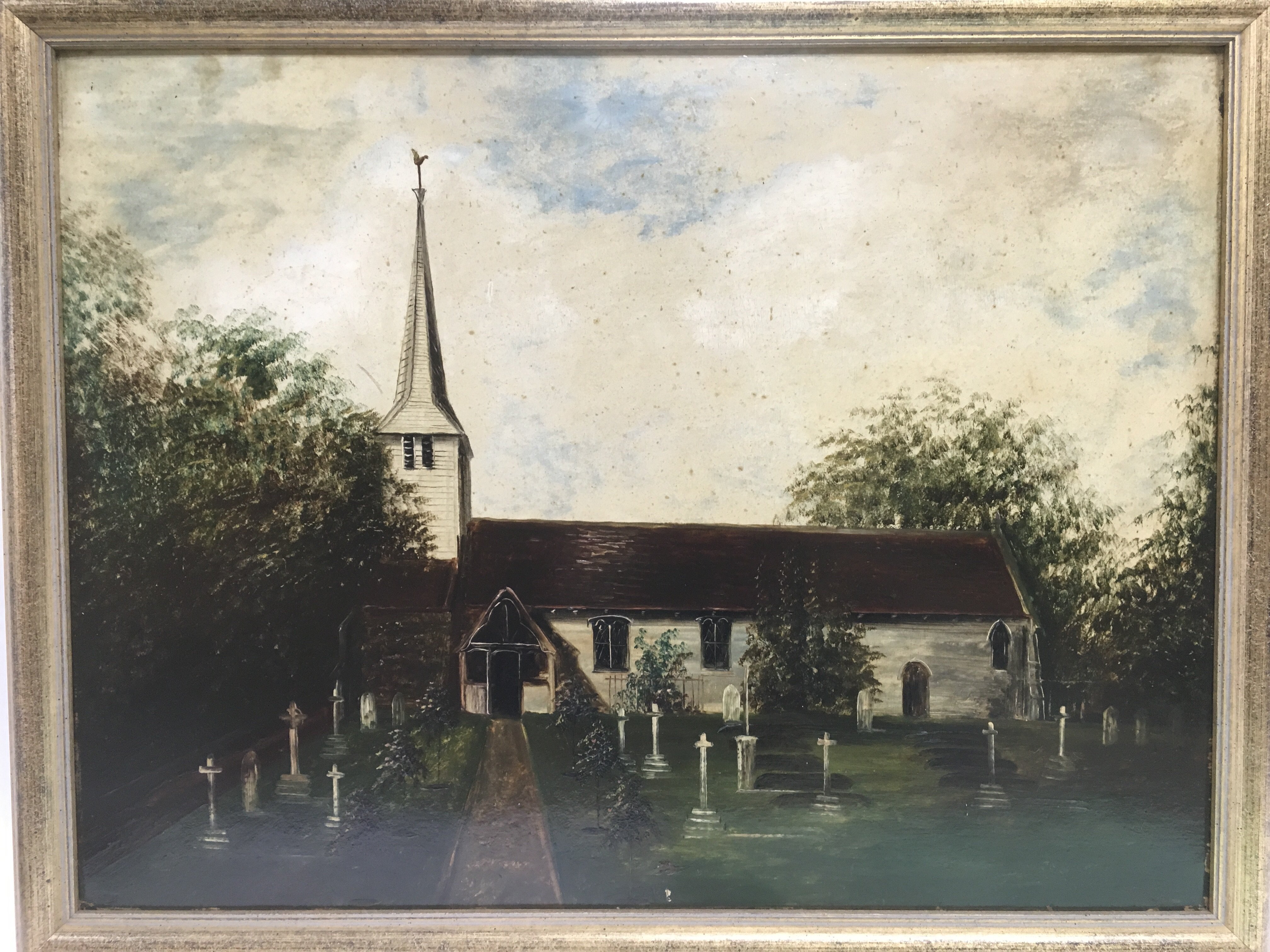 Two 19th Century oil on board paintings of churches, approx 68cm x 53.5cm. - Image 2 of 2