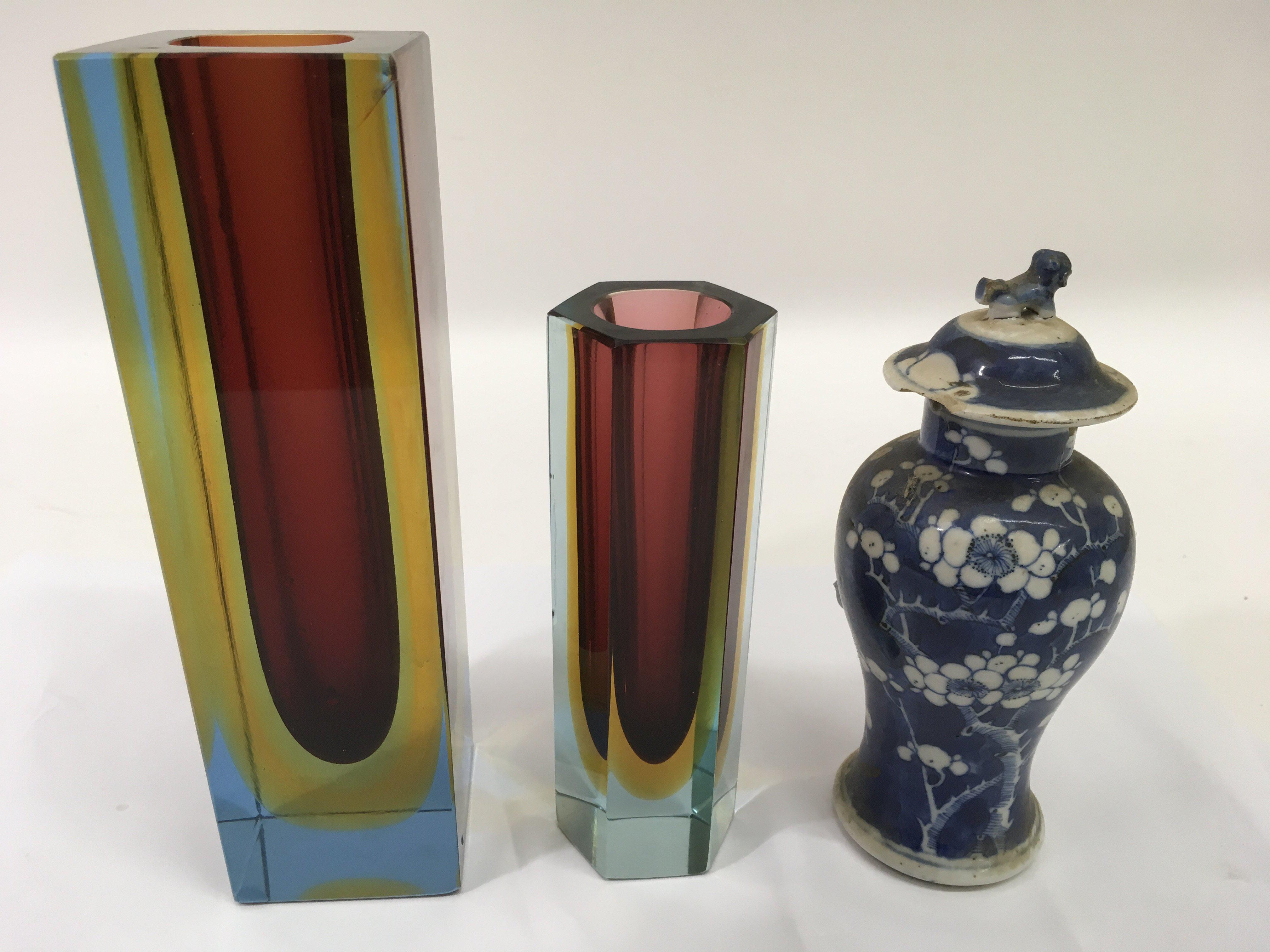 Two Murano sommerso glass vases and a small Chines