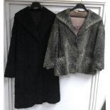 Two vintage lambs wool coats, comprising a black full length brocade type and jacket.Approx 12, a/f
