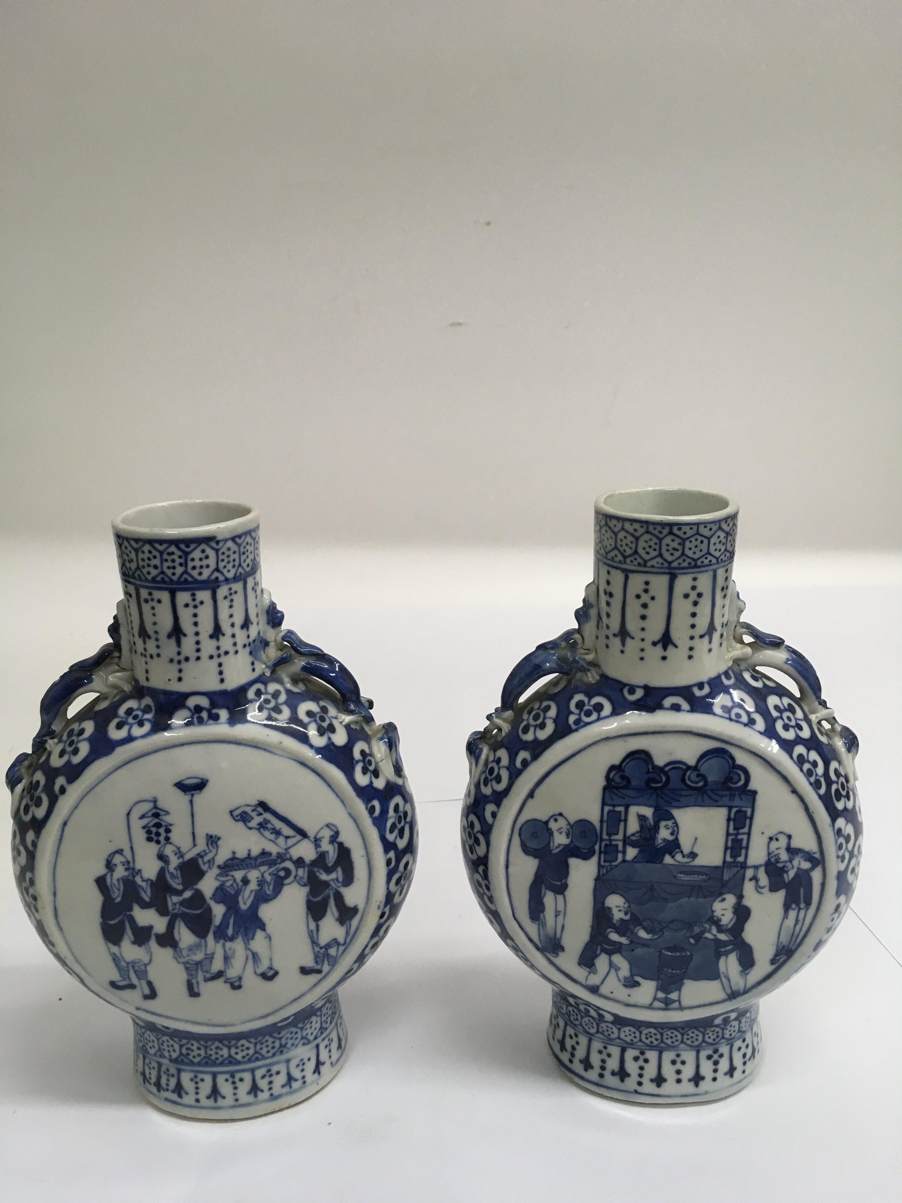 Two, Chinese blue and white moon flasks, painted w