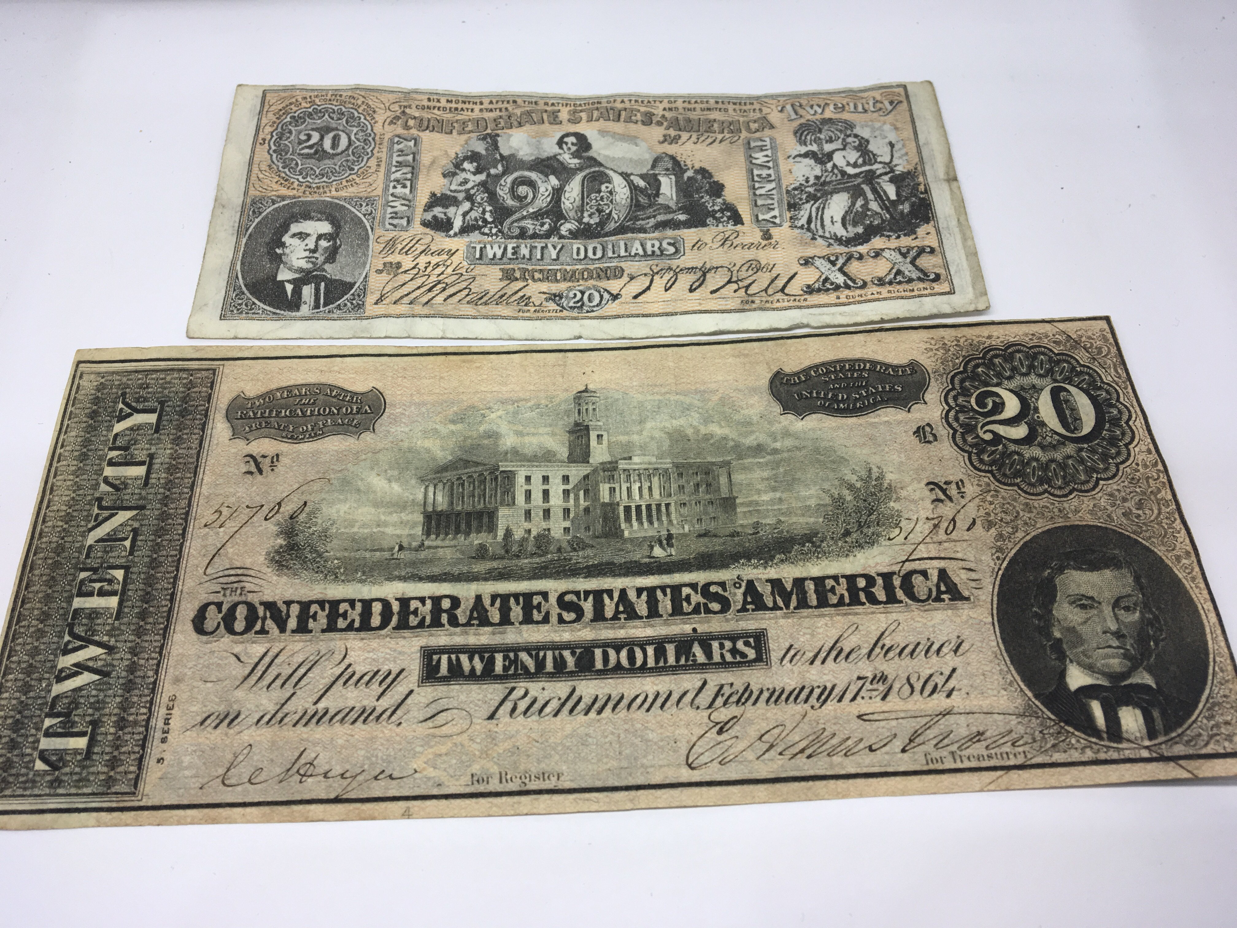 Two Confederate States American Twenty Dollar Bill