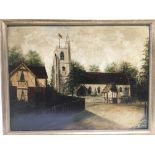 Two 19th Century oil on board paintings of churches, approx 68cm x 53.5cm.