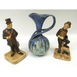 A Bretby blue twist shape jug plus two brown Dicke