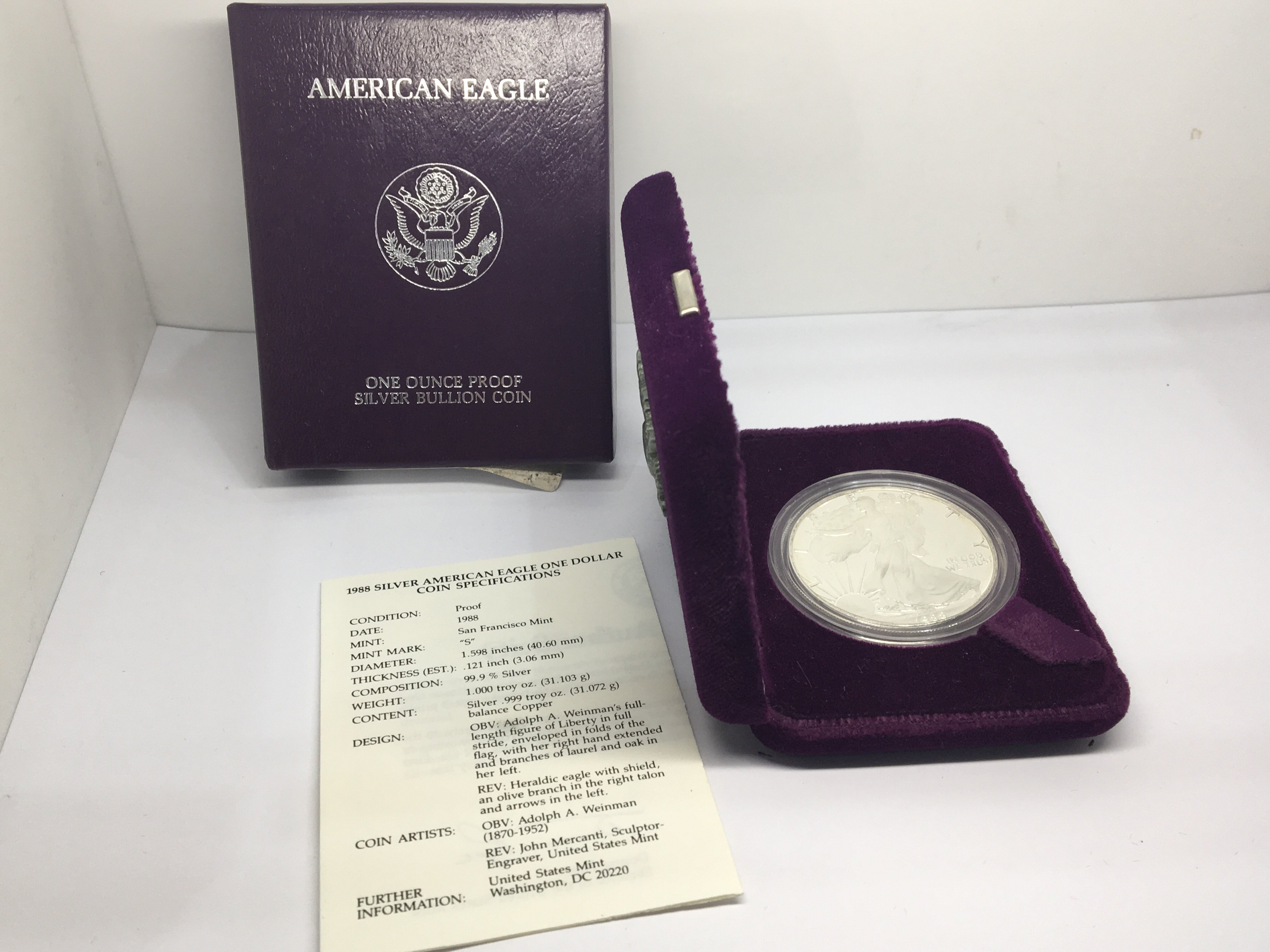 A 1988 Proof Silver (99.9%) American Eagle one Dol - Image 2 of 2