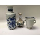 Two Chinese blue and white vases and a twin handle cup