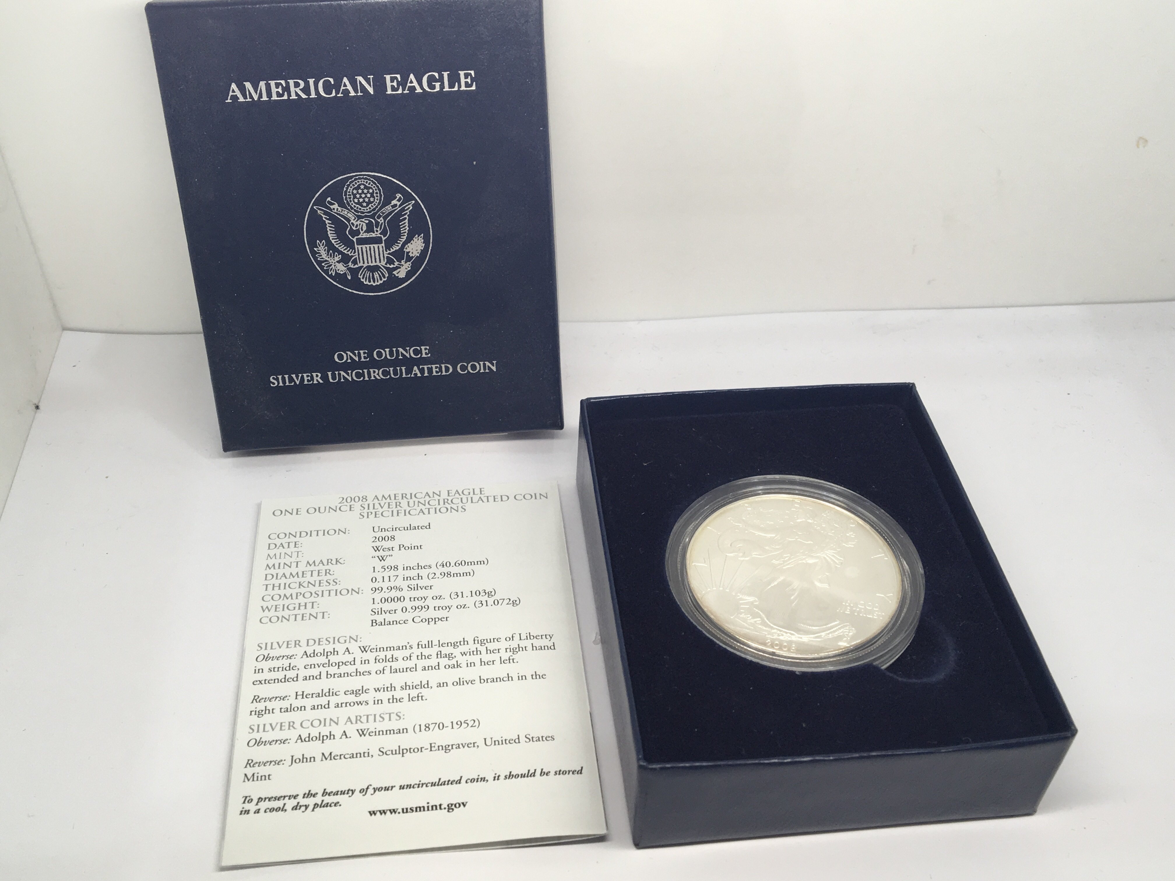 A 2008 Burnished Uncirculated one ounce Silver (9.