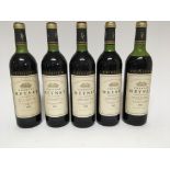 Five bottles of wine, Chateau Meyney 1983. 75cl. O