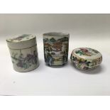 A Chinese brush pot decorated with landscape view 9 cm and two boxes and covers