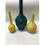 Three Chinese bottle vases yellow and green glazz