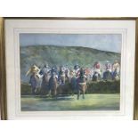 A framed and glazed watercolour of horse racing by Harry Matthews, approx 8cm x 69.5cm.