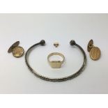 An unmarked gents tablet ring, bangle and cufflink