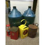 Two Castrol oil 5 gallon cans and road lap, parrafin can, tin etc