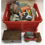 A box of odds including a Donald Duck wooden toy and Norah Wellings type sailor doll